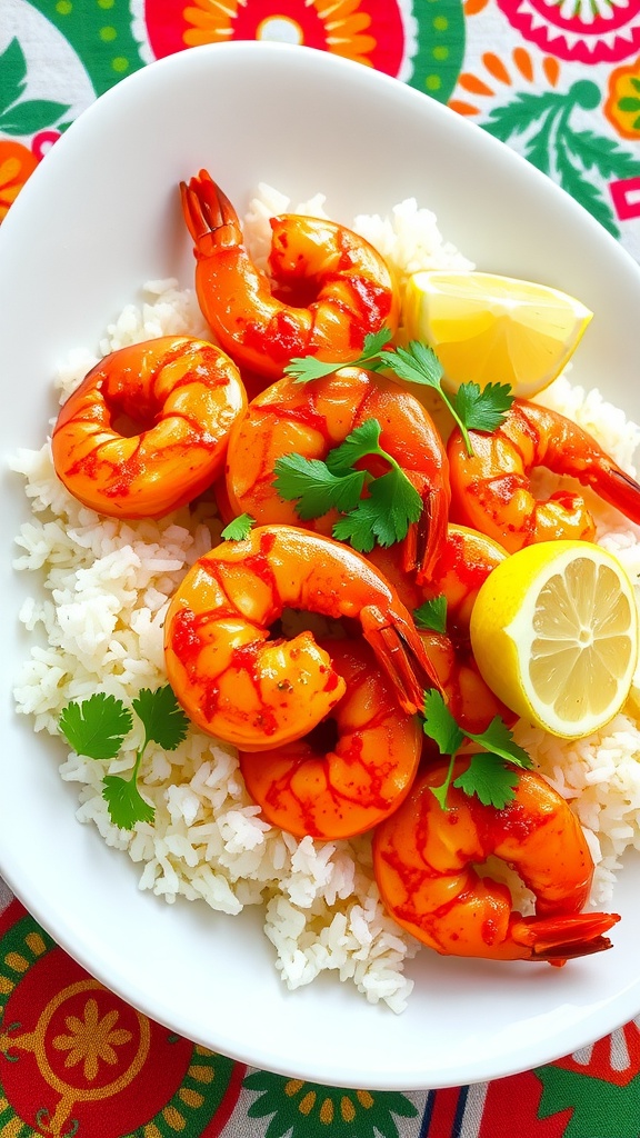 Spicy shrimp dish over rice, garnished with cilantro and lemon on a colorful tablecloth.